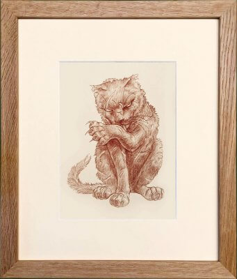 Framed sepia print of Greebo the cat by Paul Kidby, one-eyed tomcat from Discworld Wyrd Sisters in oak frame
