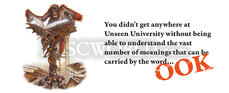 Librarian Ook Mug Bright white ceramic mug featuring the Librarian at the lecturn by Paul Kidby, Discworld Unseen University character with a quote and the slogan "OOK"