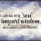 Bright white ceramic mug featuring Vimes and Errol by Paul Kidby, Discworld City Watch characters with the quote "No father ever calls his son 'boy' unless he's about to impart a well known fact."