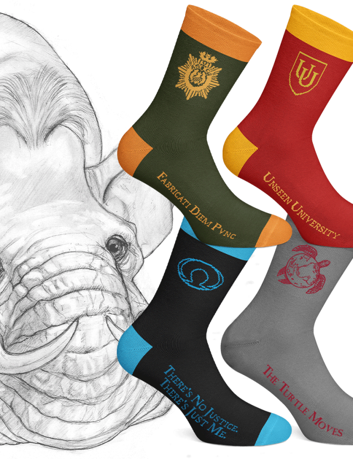 Discworld Socks - Set of 4 Coloured Designs - 7-11 Discworld Socks - Complete Set of 4. Pairs - 7-11 include The Turtle Moves in grey.