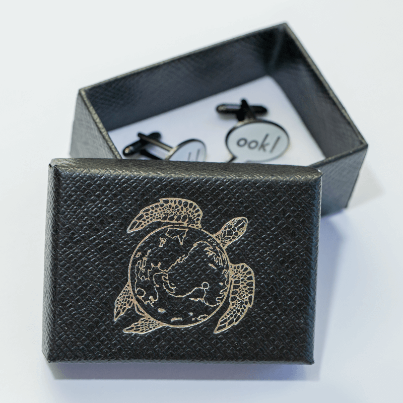 Ook! Cufflinks in their presentation box, featuring the Great A'Tuin