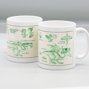 Bright white ceramic mug, featuring the artwork of Discworld artist Paul Kidby, and the careful observations of Leonard of Quirm on dragons.
