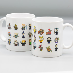 Bright white ceramic mug detailing a vast collection of Discworld Dweenie characters by the artist Ray Friesen.