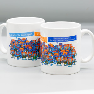 Bright white ceramic mug featuring a veritable collection of pictsies illustrated by the artist Ray Friesen