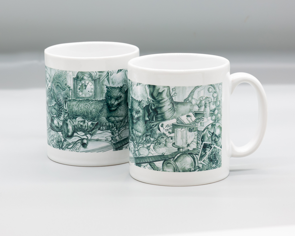 Greebo Pencil Mug Bright white ceramic mug featuring a pencil drawing of Greebo in Granny Weatherwax's cottage, by Paul Kidby, Discworld witches characters