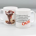 Bright white ceramic mug featuring the Librarian at the lecturn by Paul Kidby, Discworld Unseen University character with a quote and the slogan "OOK"