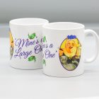 Bright white ceramic mug featuring the lovely Nanny Ogg in her festive hat, artwork by Paul Kidby, Discworld witches characters with the slogan "Mine's a Large One"