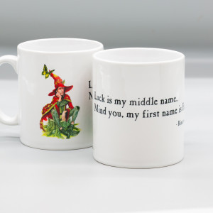 Bright white ceramic mug featuring Rincwind by Paul Kidby, Discworld Unseen University character with the quote "Luck is my middle name. Mind you, my first name is bad."