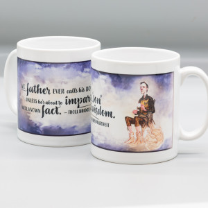 Bright white ceramic mug featuring Vimes and Errol by Paul Kidby, Discworld City Watch characters with the quote "No father ever calls his son 'boy' unless he's about to impart a well known fact."