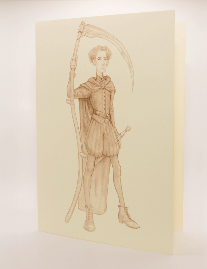 Discworld sepia greetings card featuring Mort