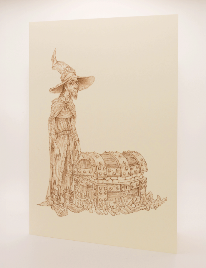 Discworld sepia greetings card featuring Rincewind and the Luggage