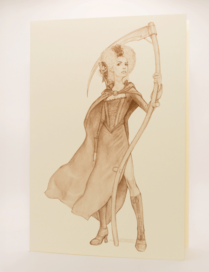 Discworld sepia greetings card featuring Susan