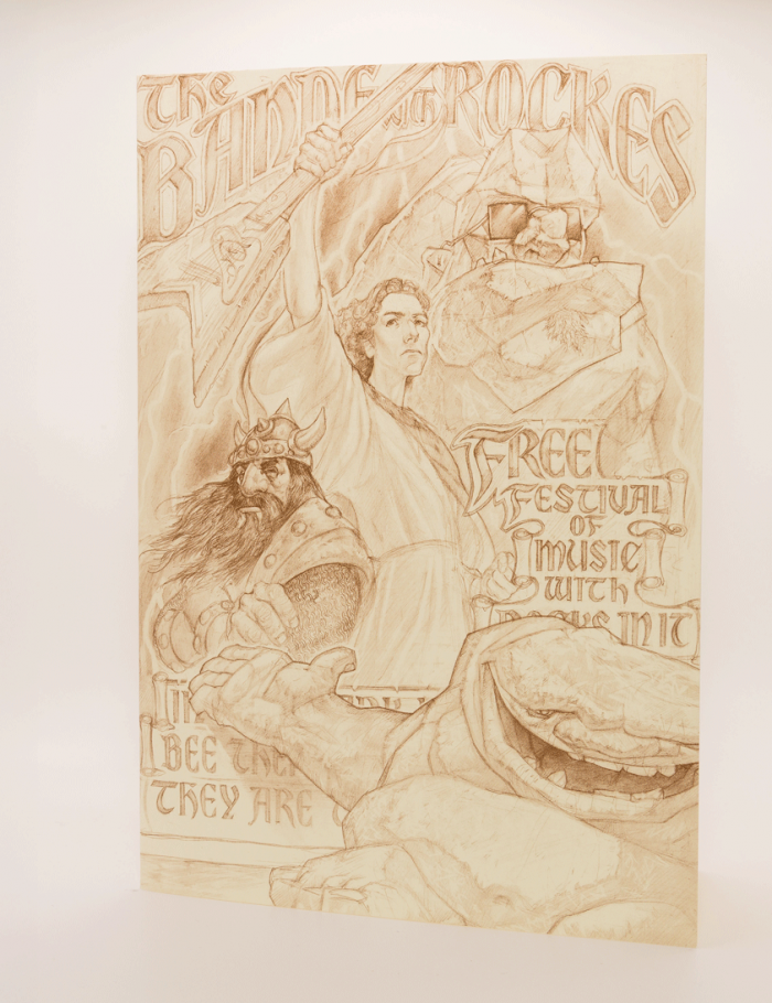 Discworld sepia greetings card featuring Bande With Rockes