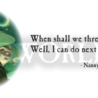 Bright white ceramic mug featuring the Wyrd Sisters by Paul Kidby, Discworld witches characters with the quote "When shall we three meet again? Well, I can do next Tuesday."