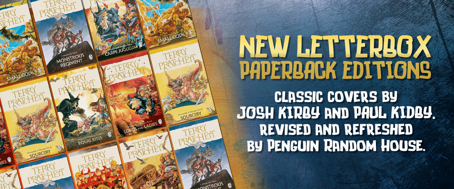 Discworld slider showing the collection of new paperback cover releases by Penguin Random House. New letterbox paperback editions.