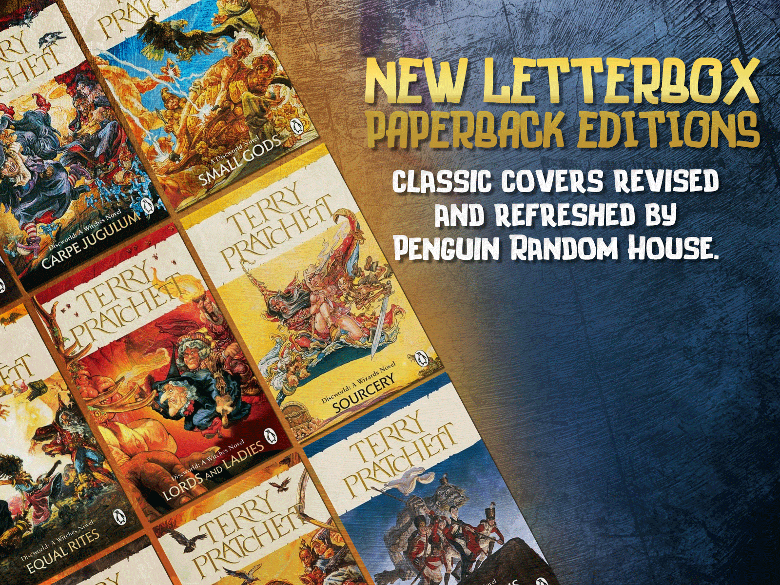 Discworld slider showing the collection of new paperback cover releases by Penguin Random House. New letterbox paperback editions.