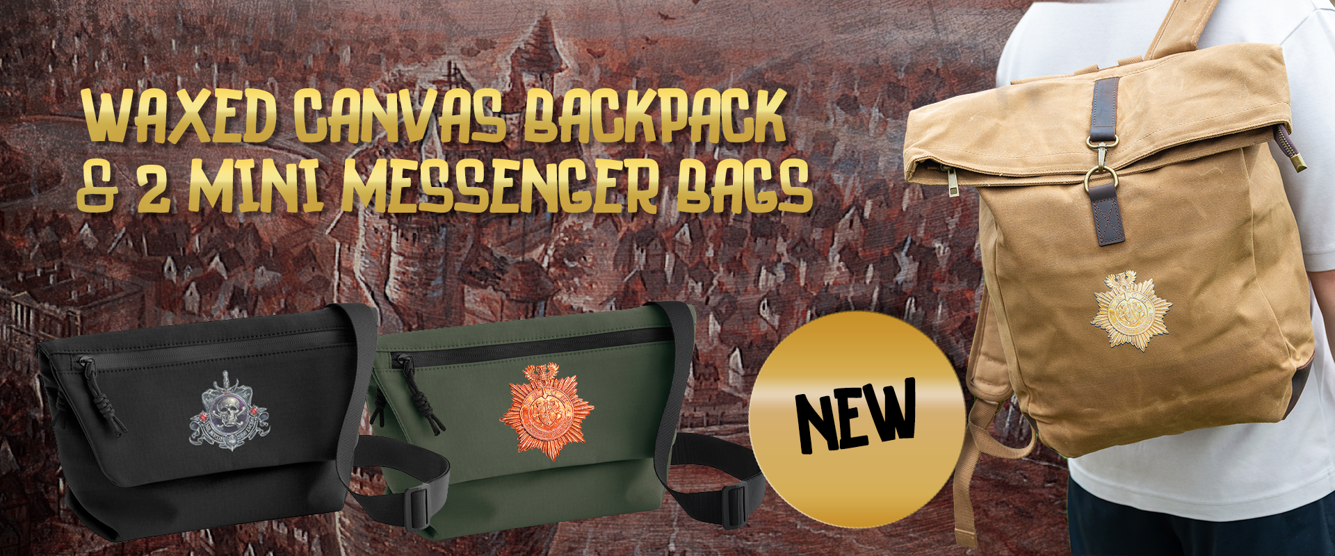 New Ankh-Morpork City Watch Vintage Waxed Canvas Backpack and 2 Mini Messenger Bags