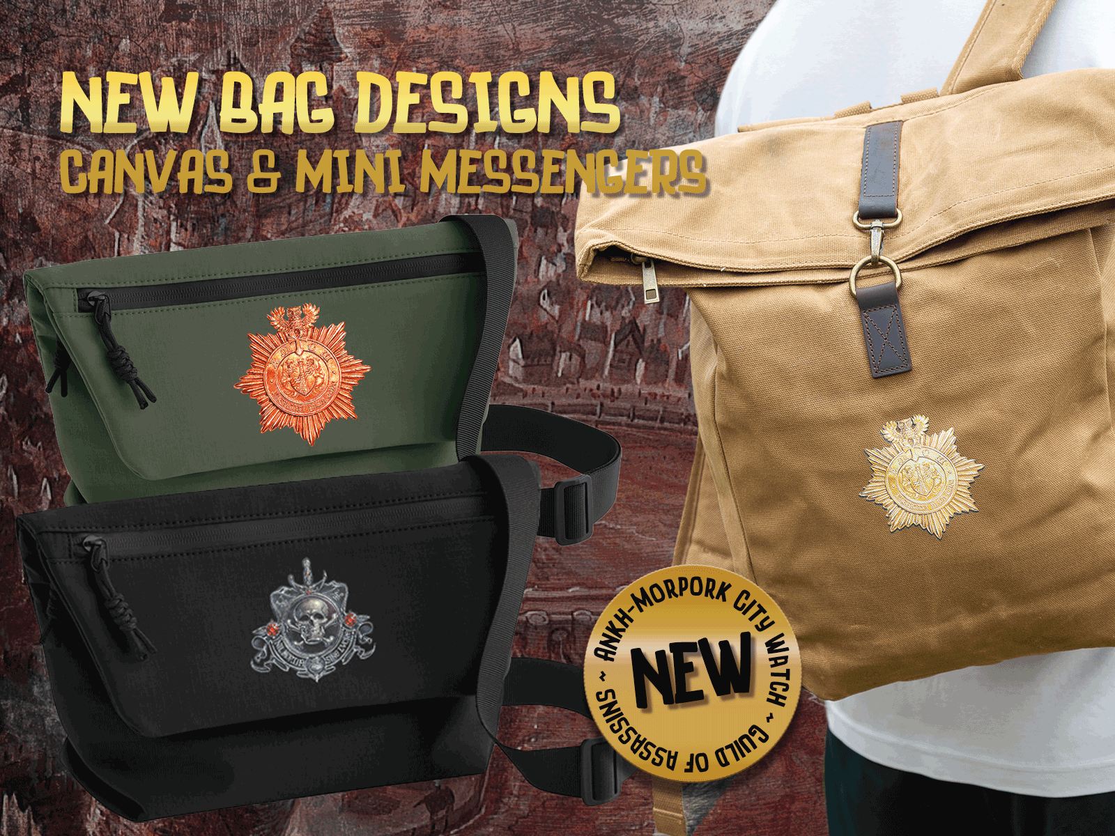 New Ankh-Morpork City Watch Vintage Waxed Canvas Backpack and 2 Mini Messenger Bags